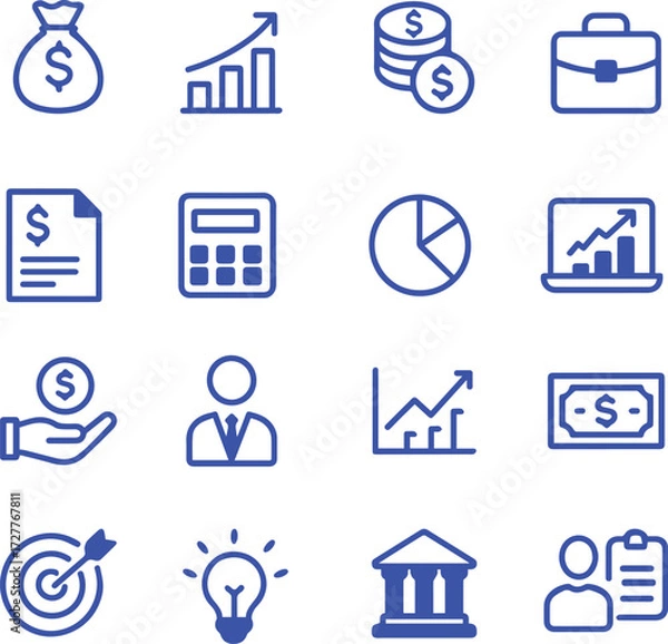 Obraz business and finance icons. Business and Finance Line Icon Set in Blue