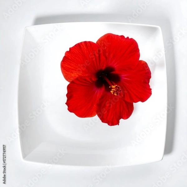 Obraz Red hibiscus flower on a white square plate