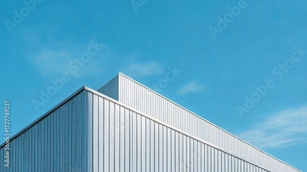 Fototapeta Modern warehouse with an aluminum facade against a blue sky. Architectural building features a geometric design with corrugated steel. Industrial construction showcases a metal surface pattern.
 
