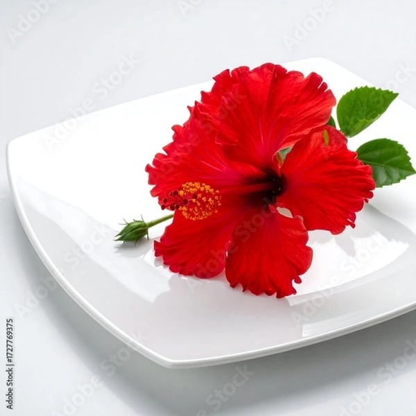 Obraz Red hibiscus flower on white plate