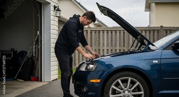 Fototapeta Man Inspecting Car Engine : A man in a black hoodie checks his car ' s engine with the hood open in front of a garage on a cloudy day