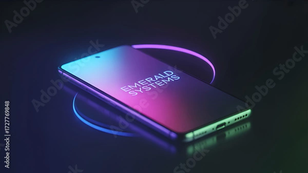 Fototapeta Smartphone with glowing emerald systems logo on dark surface