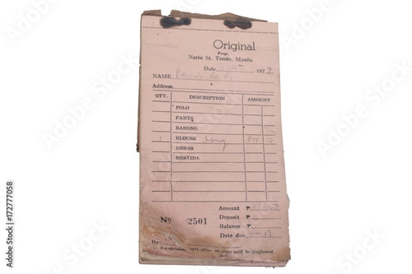 Obraz Burnt old vintage receipt invoice paper