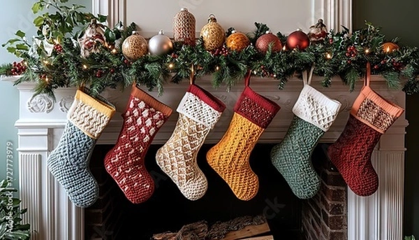 Fototapeta Cozy knitted Christmas stockings hung on mantle with festive garland and ornaments
