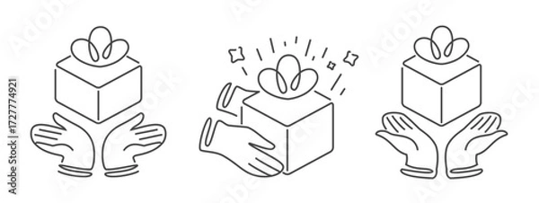 Fototapeta Receiving gift box with bow, line icon. Present in hands symbol. Generosity surprise celebration festive event emblem