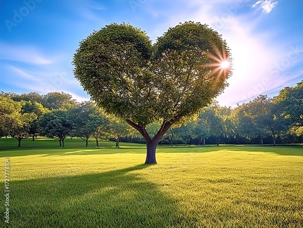 Fototapeta Heart shaped tree shines with sunburst in lush green park on a perfect day