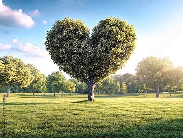 Fototapeta Vibrant heart shaped tree in lush green meadow under sunny sky
