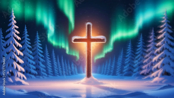 Fototapeta Illuminated glowing cross standing in snowy winter forest under vibrant aurora northern lights, spiritual Christian holiday background symbolizing faith, hope, and peace