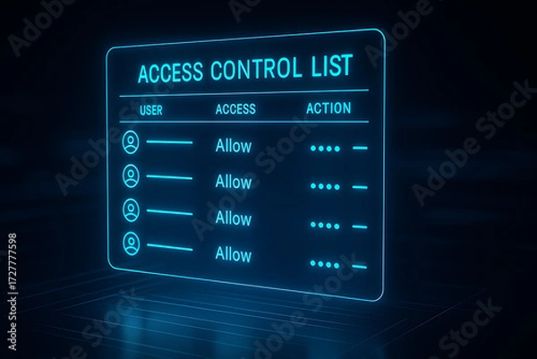 Fototapeta Access control list cybersecurity neon panel, digital user permission management with allow action interface, glowing security authorization framework for identity governance system authentication com