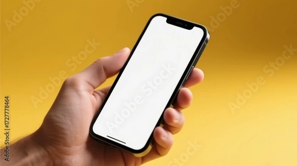Fototapeta Man’s hand is holding a modern mobile phone with white screen on the yellow background 