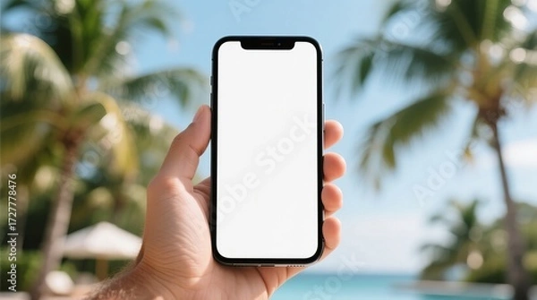 Fototapeta Man’s hand is holding a modern mobile phone with white screen on the blurred beach background 