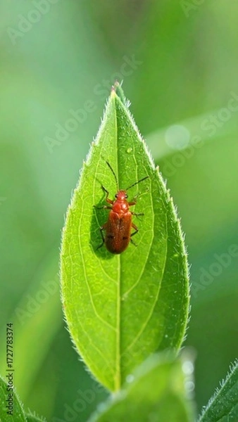 Obraz Red insect on green leaf