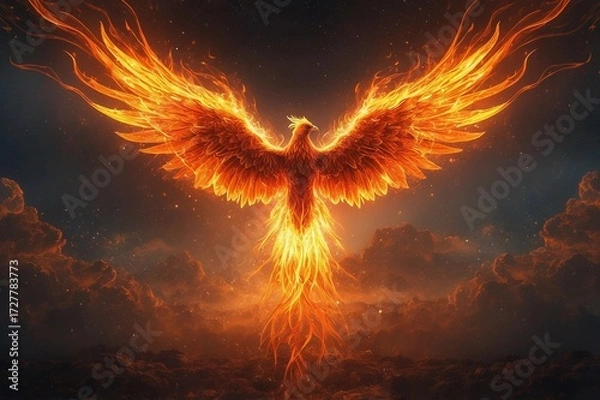Obraz fiery phoenix rising with wings spread against dark cloudy sky
