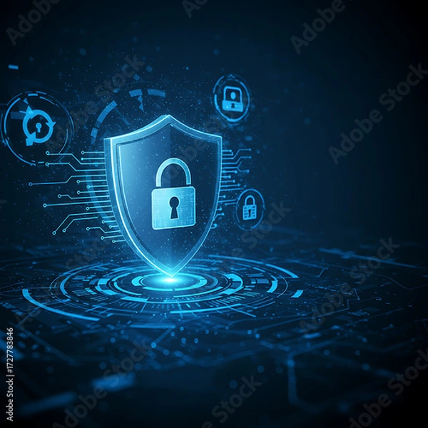 Fototapeta Abstract digital illustration of a glowing blue shield with a lock icon, surrounded by intricate circuit lines and data rings, symbolizing cybersecurity, digital protection, and technology security.
