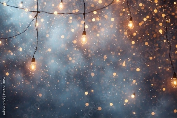 Obraz hanging incandescent light bulbs glowing warmly with bokeh and mist in festive atmosphere