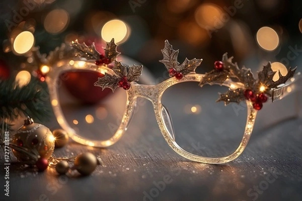 Obraz festive eyeglasses decorated with holly, berries, and string lights on holiday background