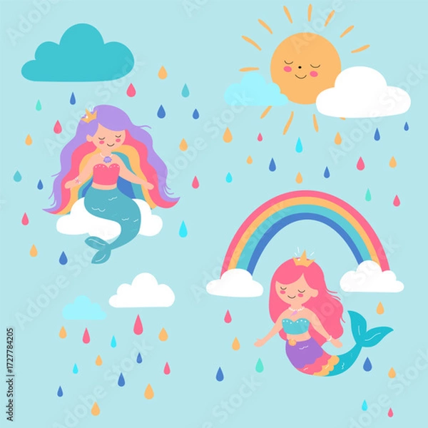 Fototapeta Vector illustration with cute mermaids, colorful rainbows, clouds, raindrops and smiling sun on blue background. Perfect for kids design, textiles, wrapping paper, decor and prints.