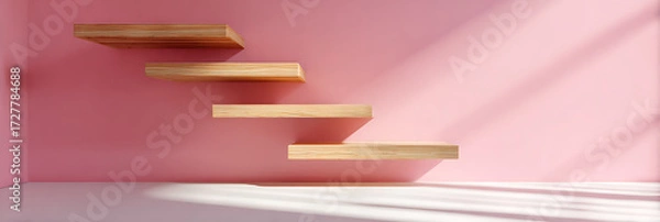 Fototapeta Minimalist interior view of simple wooden floating shelves (steps) ascending diagonally on a bright pink wall, illuminated by strong directional shadows from a window.
