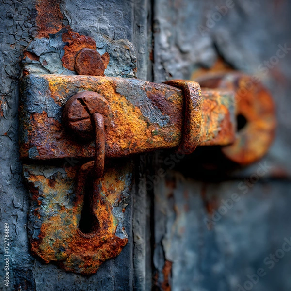 Fototapeta Extreme close-up macro of an antique, heavily rusted metal latch or clasp securing a door, emphasizing industrial decay, rough texture, and orange corrosion.
