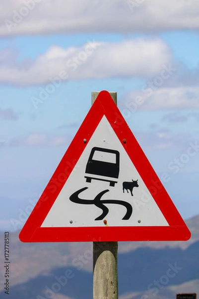 Fototapeta warning sign for cars to avoid slinging by contact with wild buffalos