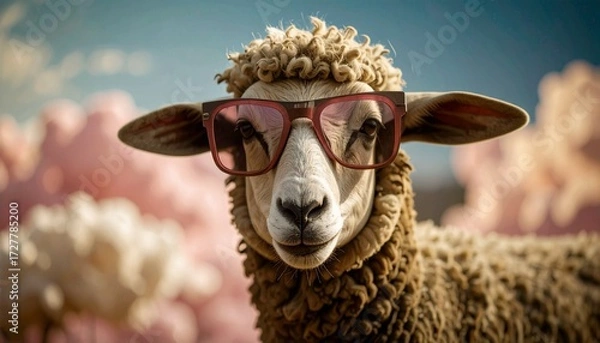 Fototapeta Whimsical and surreal portrait of a cool sheep wearing stylish pink sunglasses, a funny 3D digital illustration against a dreamy cloudscape