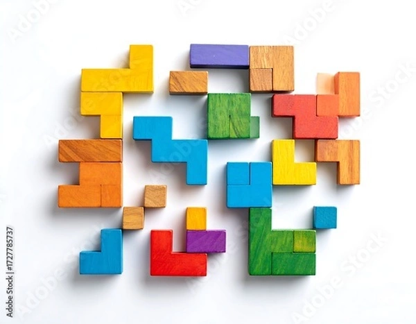 Fototapeta Colorful wooden puzzle pieces arranged in a chaotic pattern