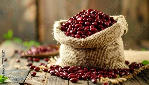 Obraz Red kidney beans in burlap sack