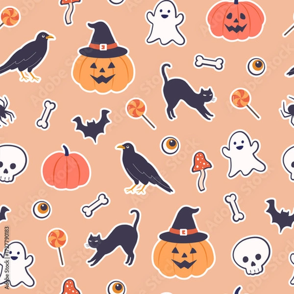 Fototapeta Halloween seamless pattern. Cute background for Halloween party fabric or kids stuff. Pumpkin, raven, scull, mushroom, black cat, spider, moon, witch hat etc in cartoon flat style. Vector illustration