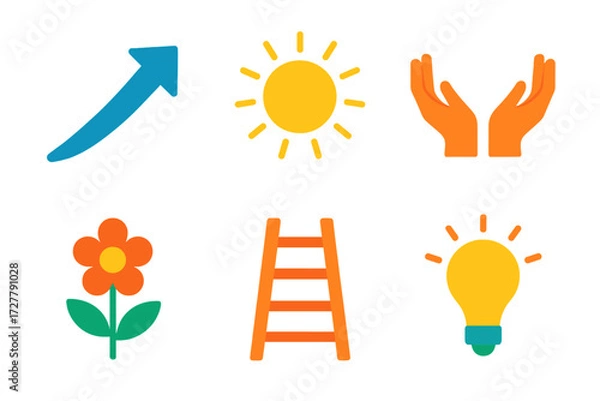 Fototapeta Icons of Hope. Optimism in modern flat vector : upward arrow, sunshine, open hands, flower, ladder, lightbulb