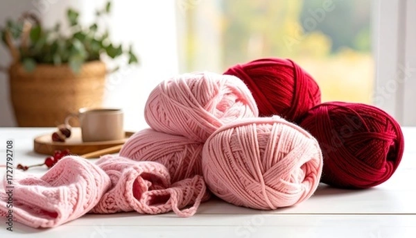 Fototapeta Colorful yarn balls on a white table near a window