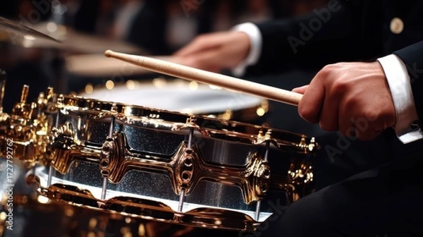Fototapeta Hands Playing Snare Drum with Golden Shell in Elegant Setting