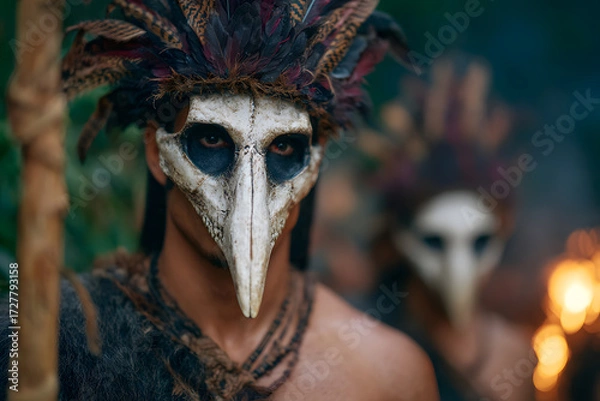 Obraz tribal mask ceremony, indigenous costume, dark forest background, ritual firelight, cultural expression, feathers and skull, mysterious mood, dramatic portrait scene