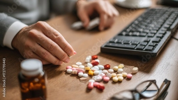 Obraz Person Handling Various Pills and Medication on Wooden Table