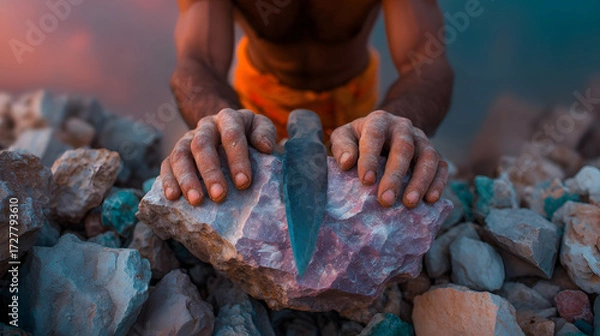 Obraz prehistoric stone tool, close up hands, survival concept, ancient weapon, outdoor rugged rocks, tribal style, earthy tones, primitive life, archaeological vibe