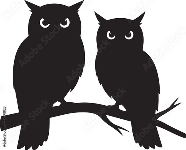 Obraz Owl Pair on Branch, Black Silhouette Illustration Featuring Two Stylized Owls with Prominent Eyes and Tufts