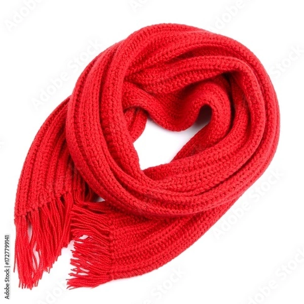 Obraz Red knitted scarf, laid flat on white background