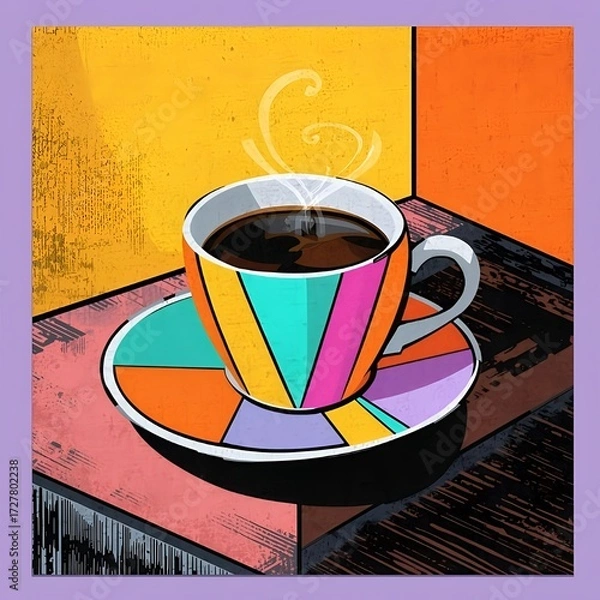 Fototapeta A stylized digital illustration of a coffee cup on a table, featuring a geometric patchwork composition