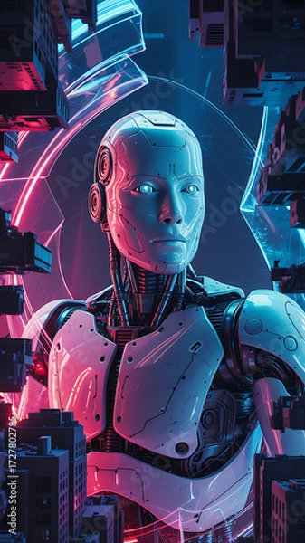 Fototapeta Futuristic Robotics Display, Close-Up of a Cyborg, Digital Environment, High-Tech Art, Neon Aesthetic, Sci-Fi Concept