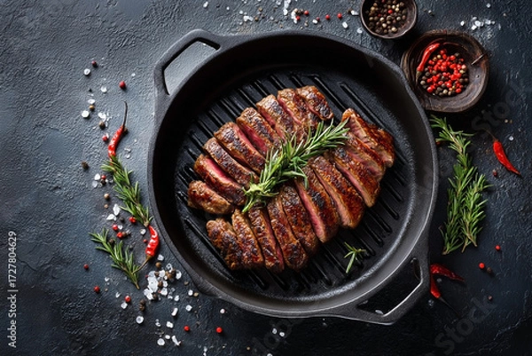 Fototapeta Sliced steak in cast iron skillet, garnished with rosemary and pepper