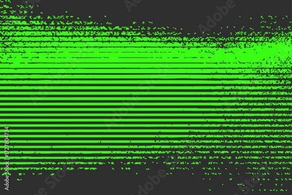 Fototapeta Abstract green glitch vector background with horizontal stripes and noisy texture on black. Modern digital effect for posters, web graphics, and creative design.