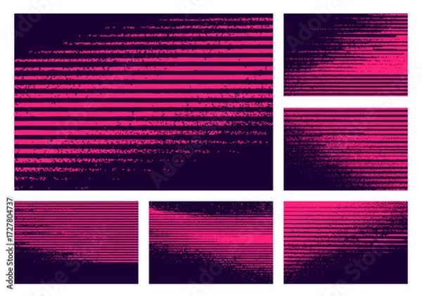 Fototapeta Abstract vector set with neon pink glitch stripes on dark backgrounds. Distorted noisy textures for futuristic, urban, and modern creative design projects.