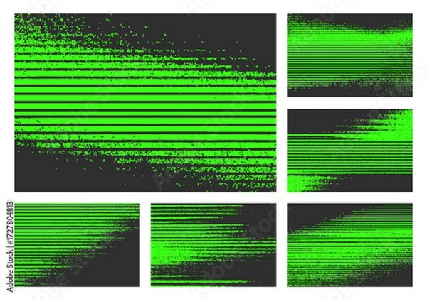 Fototapeta Abstract vector set with neon green glitch stripes on black. Distorted noisy textures create bold modern backgrounds for posters, banners, and digital design projects.