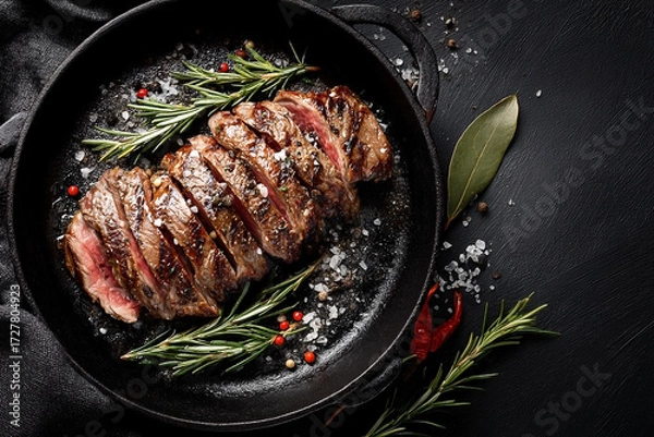 Fototapeta Sliced steak in cast iron skillet, garnished with herbs and spices