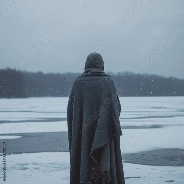 Obraz A solitary figure wrapped in a dark gray blanket stands on a frozen lake, overlooking a wintry landscape