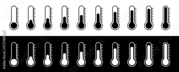 Fototapeta Abstract thermometer measure indicator set vector design. Cold to hot temperature indicator measurement black and white set. Creative weather meteorology icon illustration. 