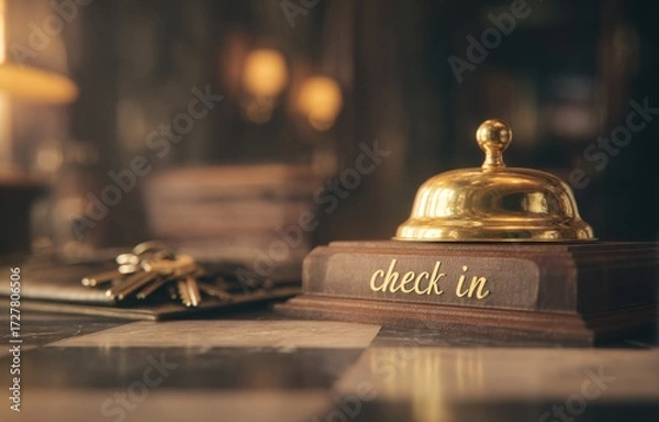 Fototapeta hotel check-in desk with a golden bell and keys