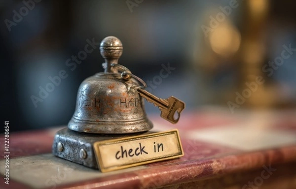 Fototapeta old hotel check-in bell and key on the counter