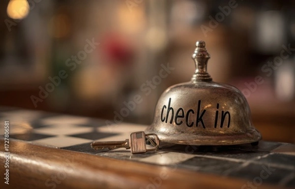 Fototapeta old hotel check-in bell and key on the counter