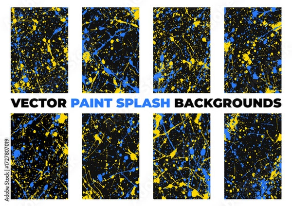 Fototapeta Abstract paint splash vector set with blue and yellow splatters on black. Bold backgrounds for modern, edgy, urban, and creative design projects.