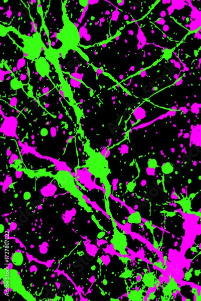 Fototapeta Vibrant splatter paint vector with pink and green drips on black. Grungy, chaotic abstract background for trendy urban art, posters, and digital projects.